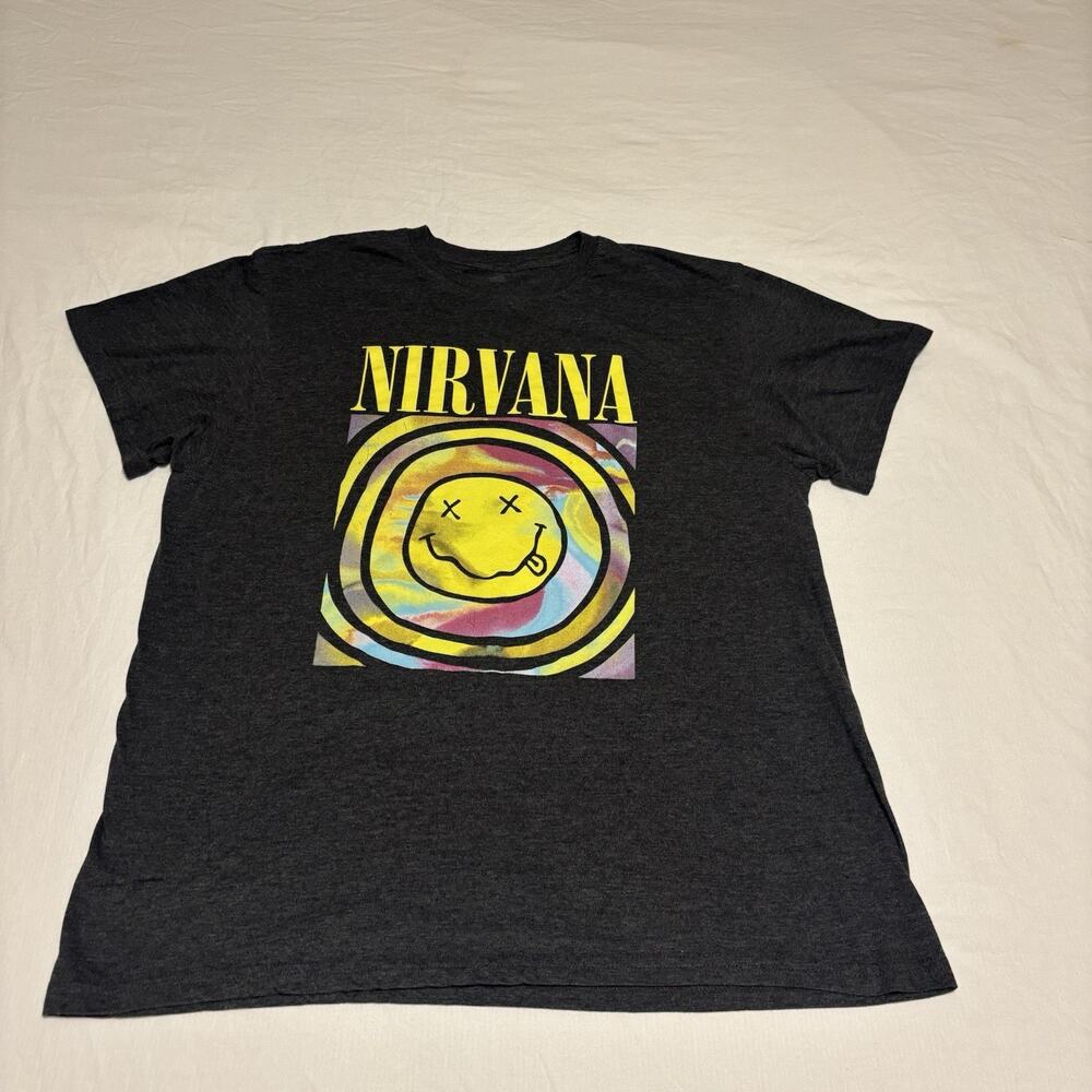 Nirvana Smiley Face Graphic T-Shirt Dark Gray Short Sleeve Tee XL